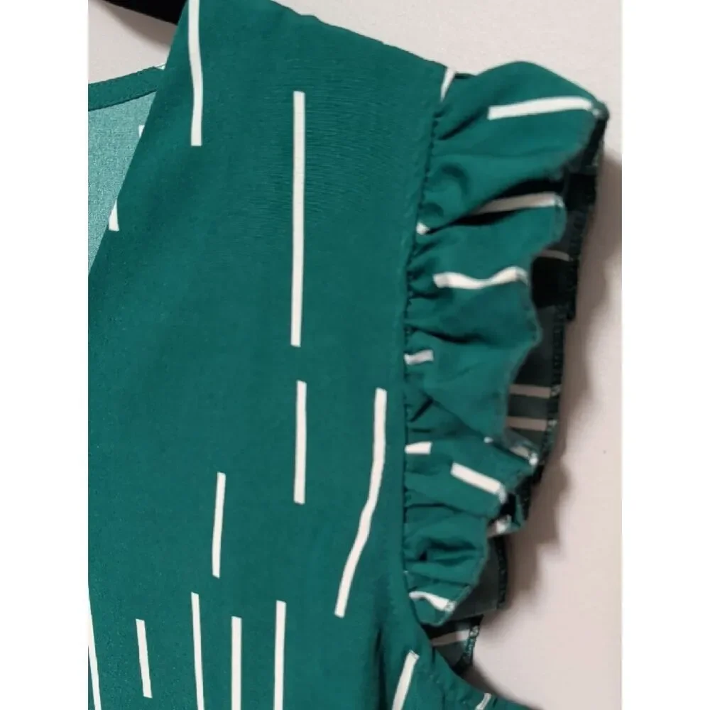 Women’s Teal Green V-Neck Ruffle Sleeve Blouse